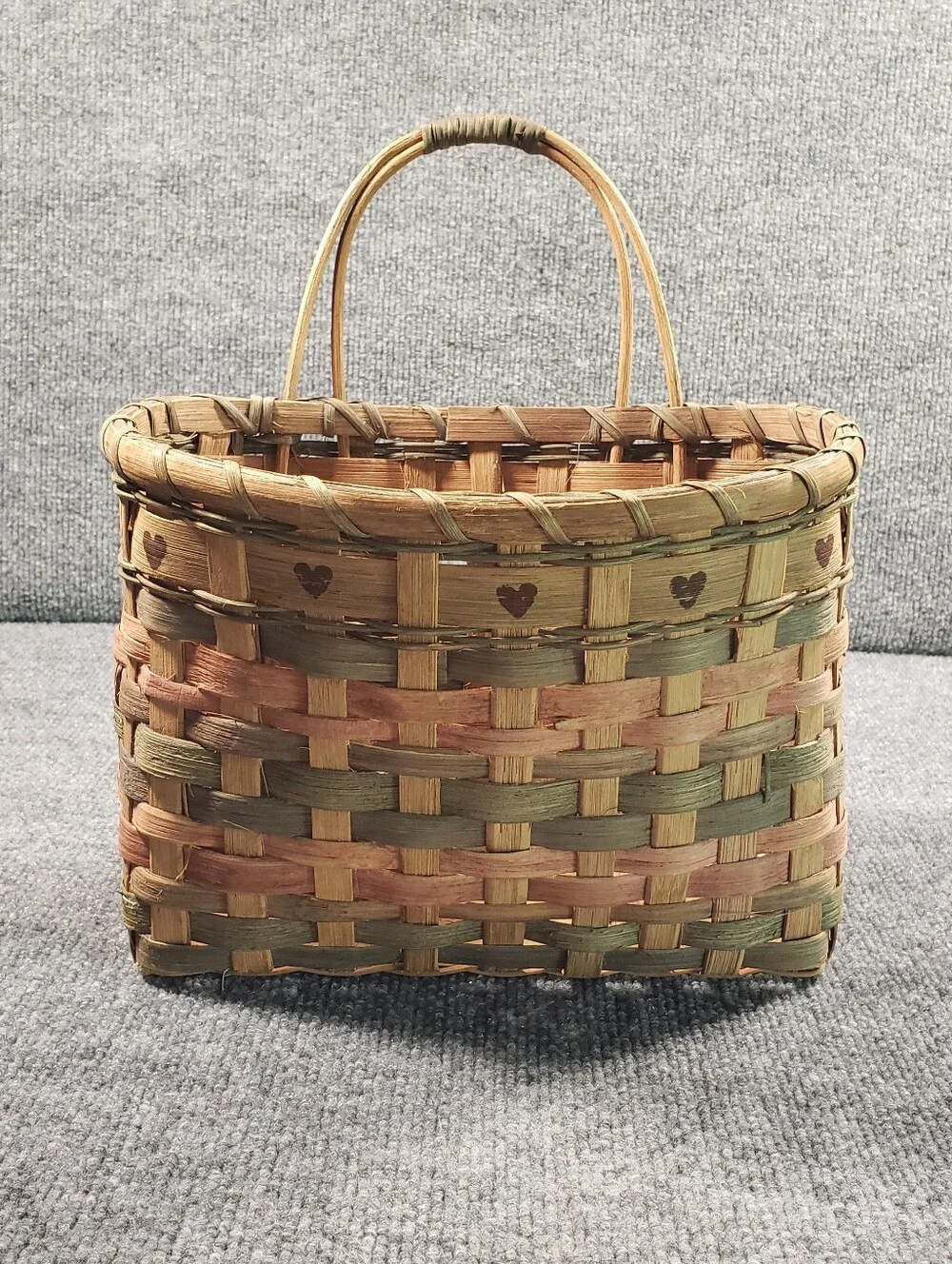 Woven Brown Hanging Basket with Red and Green Accent Details, Hearts